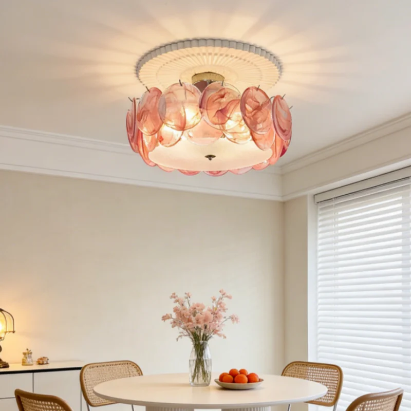 Vintage Murano Glass Chandelier French Retro Flush Mount Colorful Pendant Lamp Blue Pink Green Lampshade for Living Room Bedroom