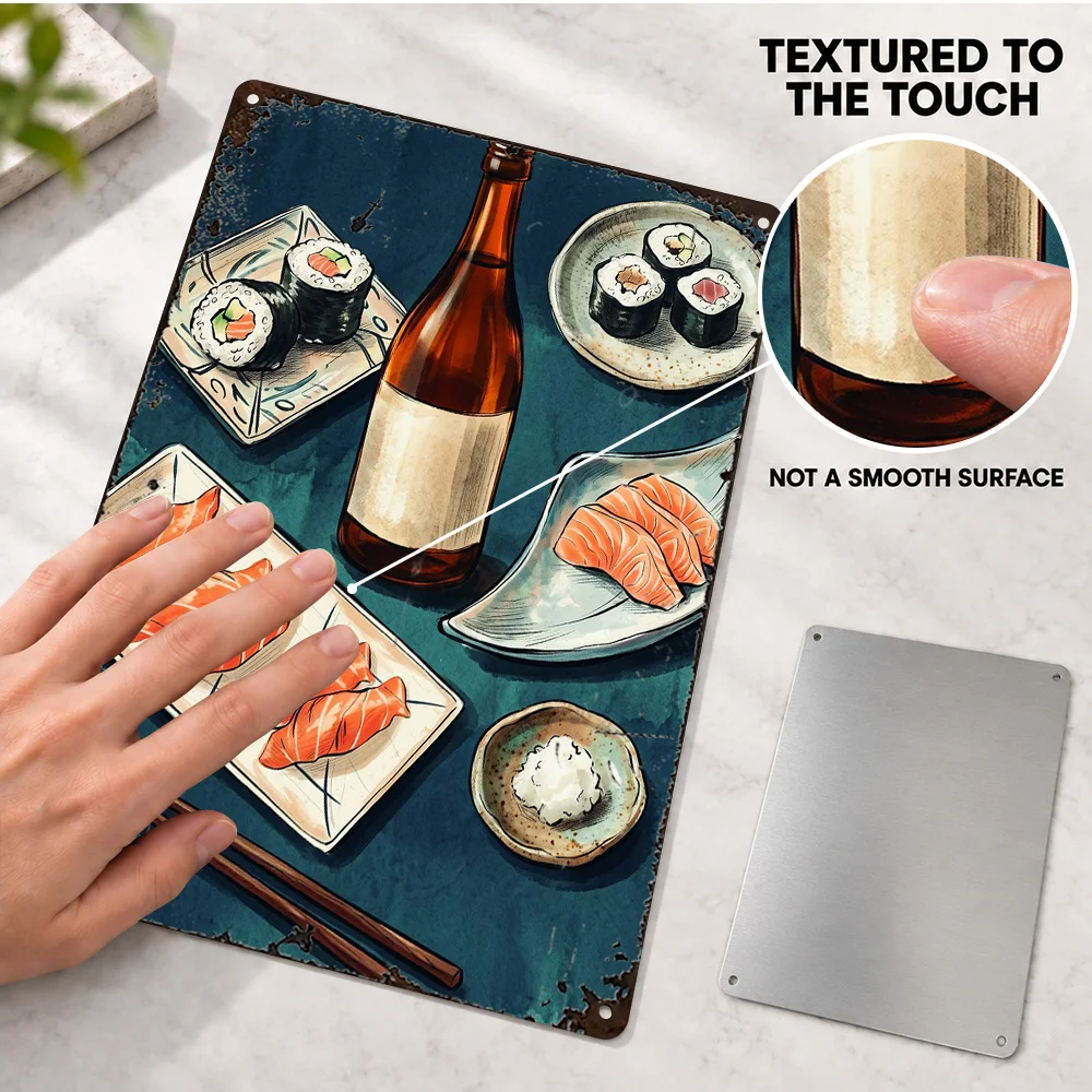 Sushi And Sashimi Japanese Food Textured Metal Poster Retro Bold Design Cafe Wall Art Personalized Aluminum Sign Birthday Gift