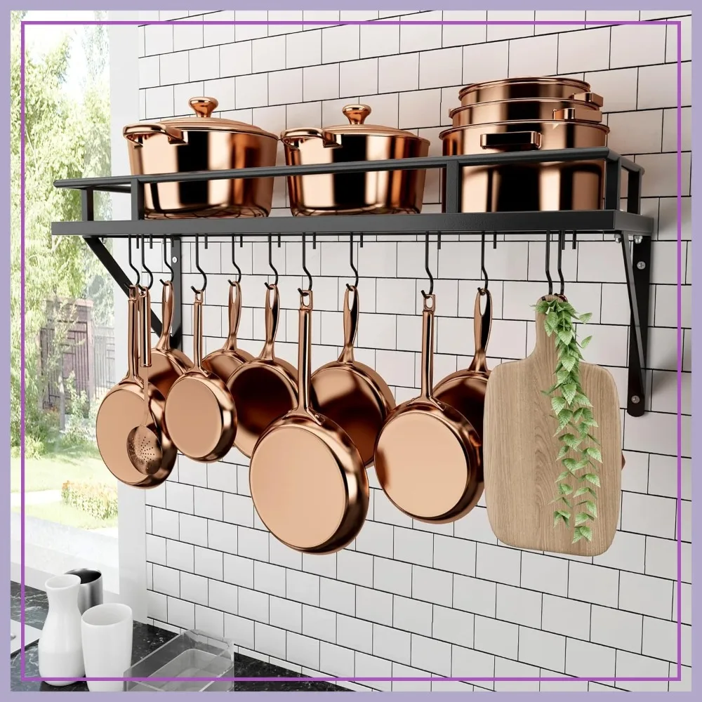 

30-Inch Wall Mounted Pot Rack with Hooks, Kitchen Pan Storage Organizer, Matte Black