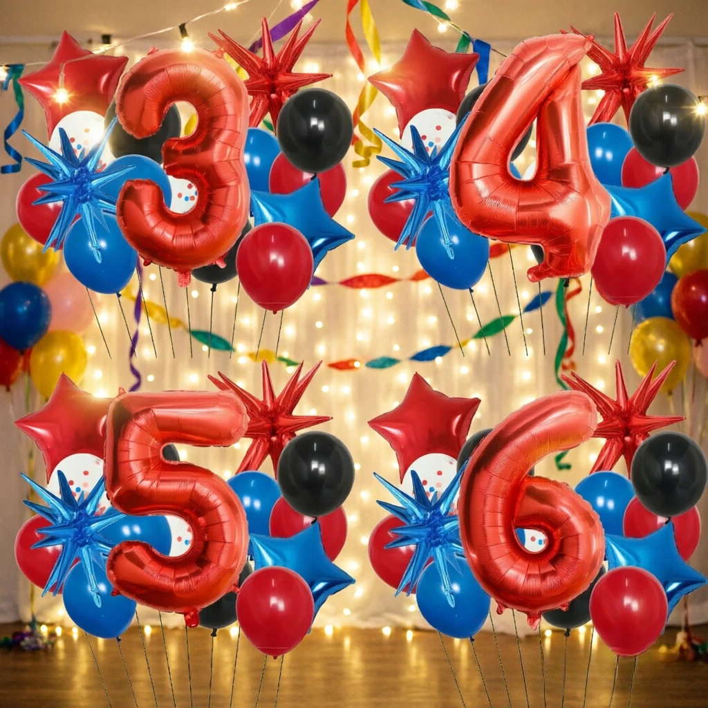 15 Stück Rote Zahlen-Spinnenballons Geburtstagsparty-Dekoration Superhelden-Themenparty Spinnen-Sternen-Burst-Ballons