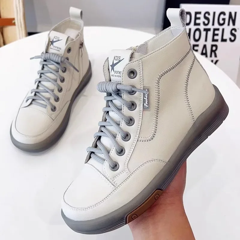 Women\'s Boots Genuine Leather Spring 2023 New Casual Shoes British Style High Top Board Shoes Small White Ankle Boots Women