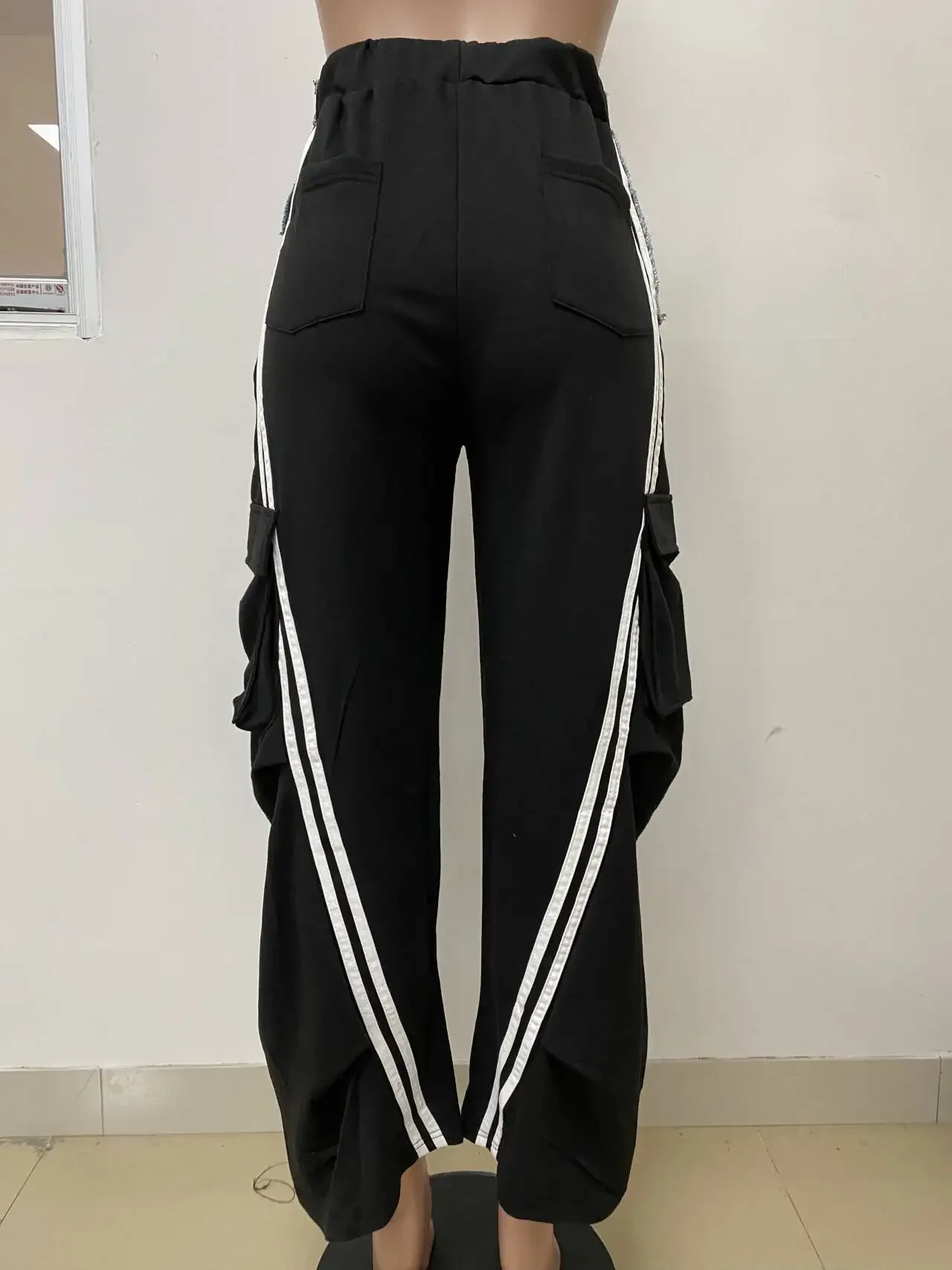 Customized Women Denim Patchwork Pocket Wide Leg Trousers Fashion Striped Print High Waist Loose Jogger Pants Sweatpants Streetw