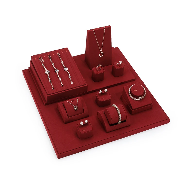 Wine Red Microfiber Jewelry Display Rack Ring Necklace Storage Organizer Jewelry Counter Display Props Earring Bracelet Holder