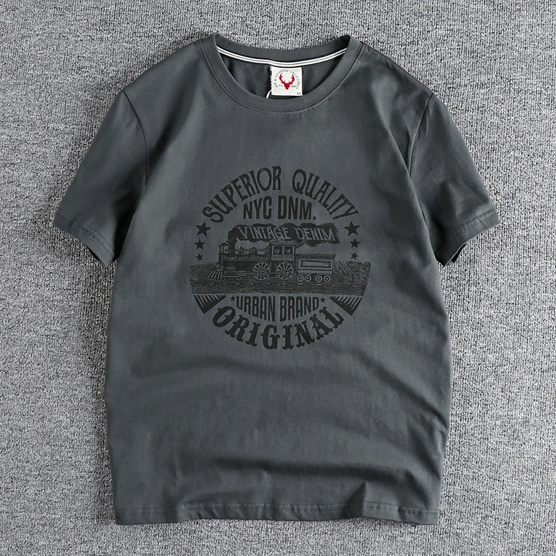 Summer American Retro Short-sleeved O-neck Locomotive Printed T-shirt Men\'s Fashion Simple 100% Cotton Washed Casual Sport Tops