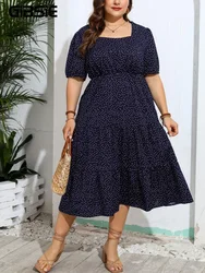 GIBSIE Plus Size Polka Dot Puff Sleeve Square Neck Dress Summer 2024 Women Vintage Casual Holiday Long Ruffle Hem Long Dresses