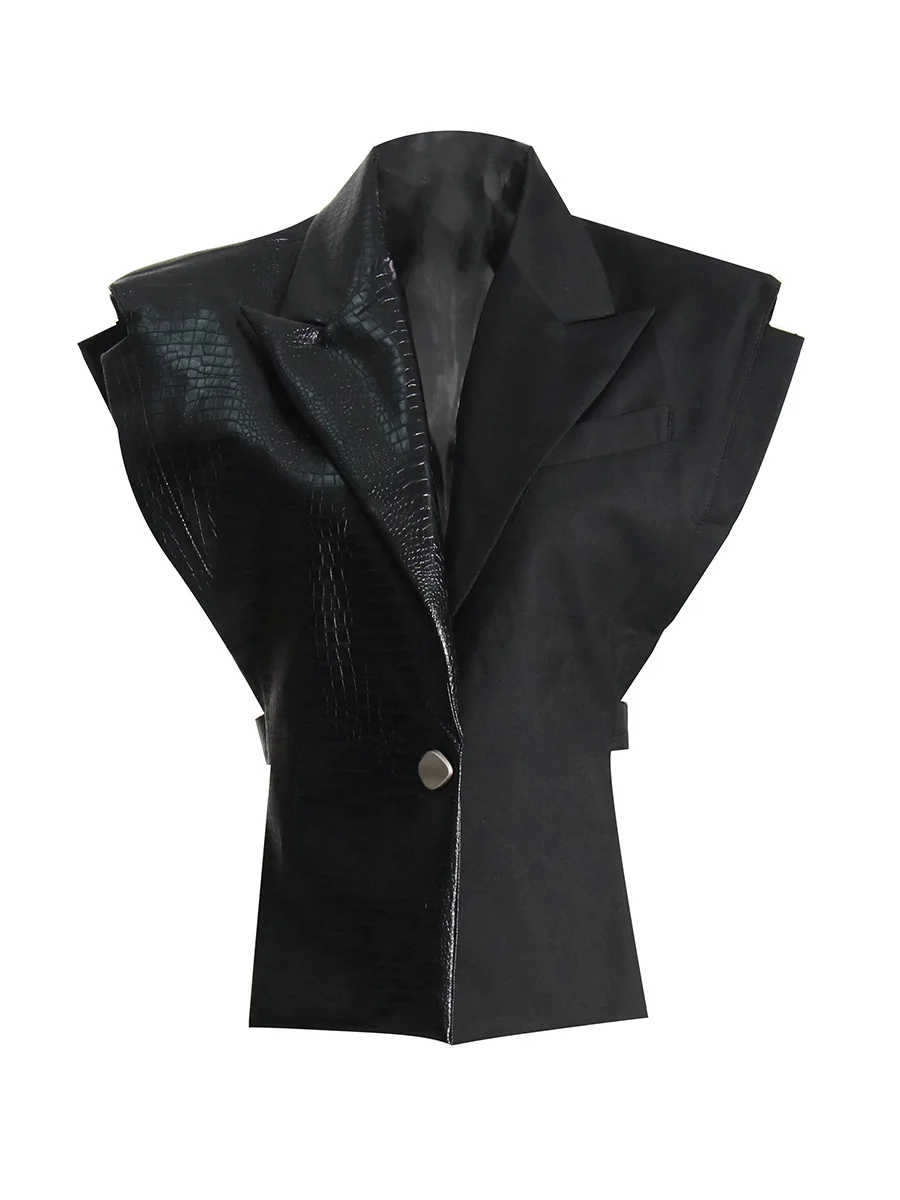 

New Vest Jackets For Women Spliced Crocodile Print Leather Slim Sleeveless Temperament Designer Coats Female Fashion Style 52911