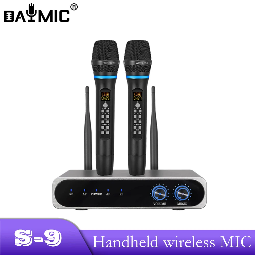 AOSHEN S-9 Wireless Microphone System UHF Rechargeable Dual Cordless Mic System With Volume Treble Bass Echo Control & BT