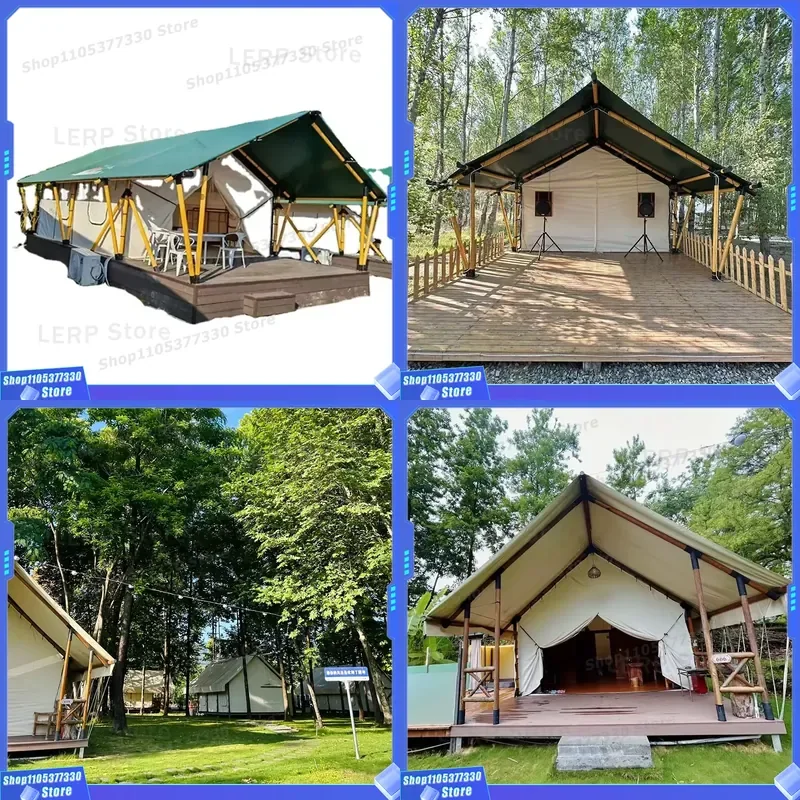 Custom Luxury Hotel Double Thickened Wooden Waterproof Outdoor Glamping Safari Tent All Seasons Sanitary Camping Exhibition