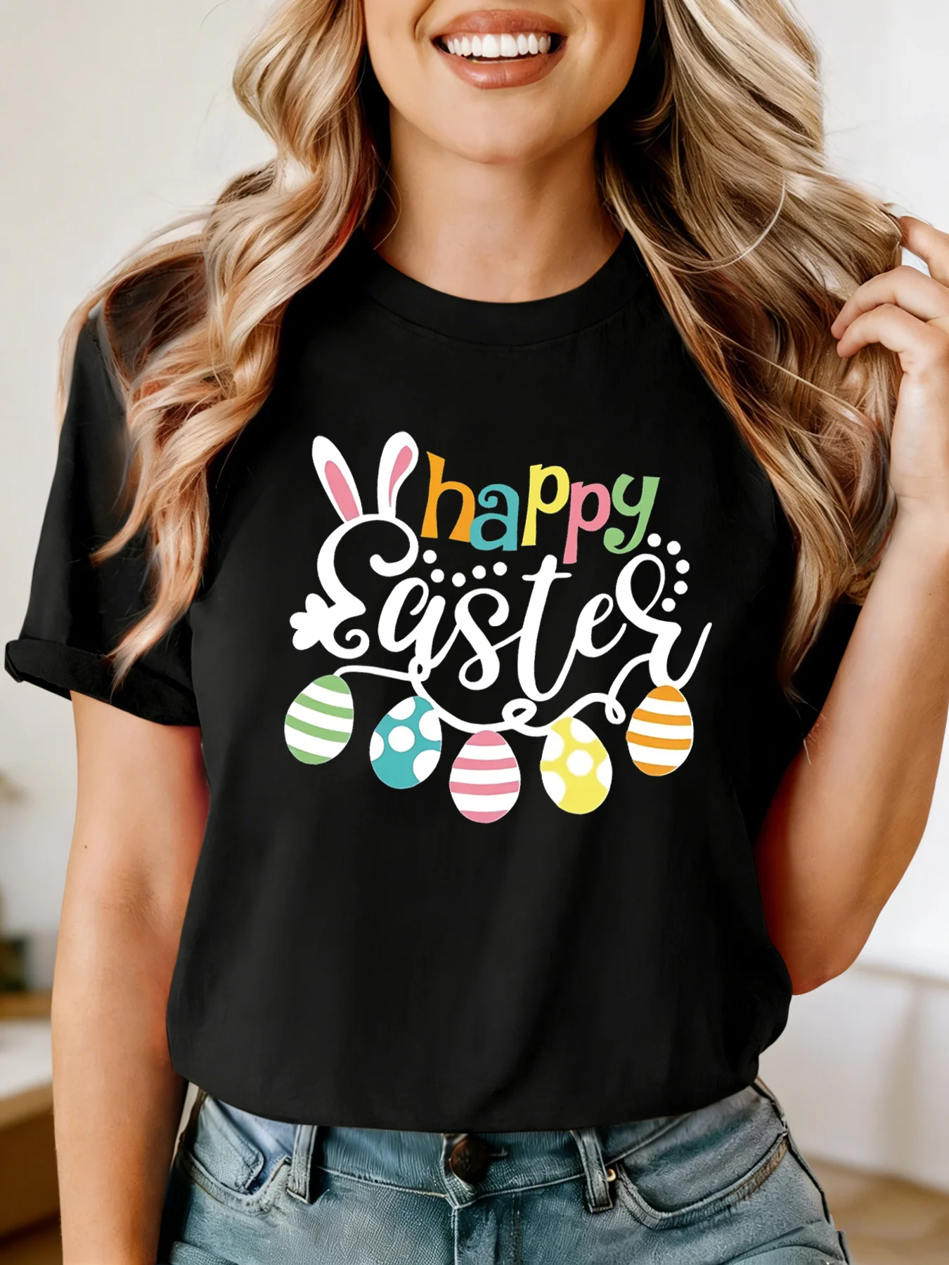 

Happy Easter Women's Short Sleeve T-shirt Colorful Egg Graphic Print Crew Neck Casual Daily Top For Summer & Spring