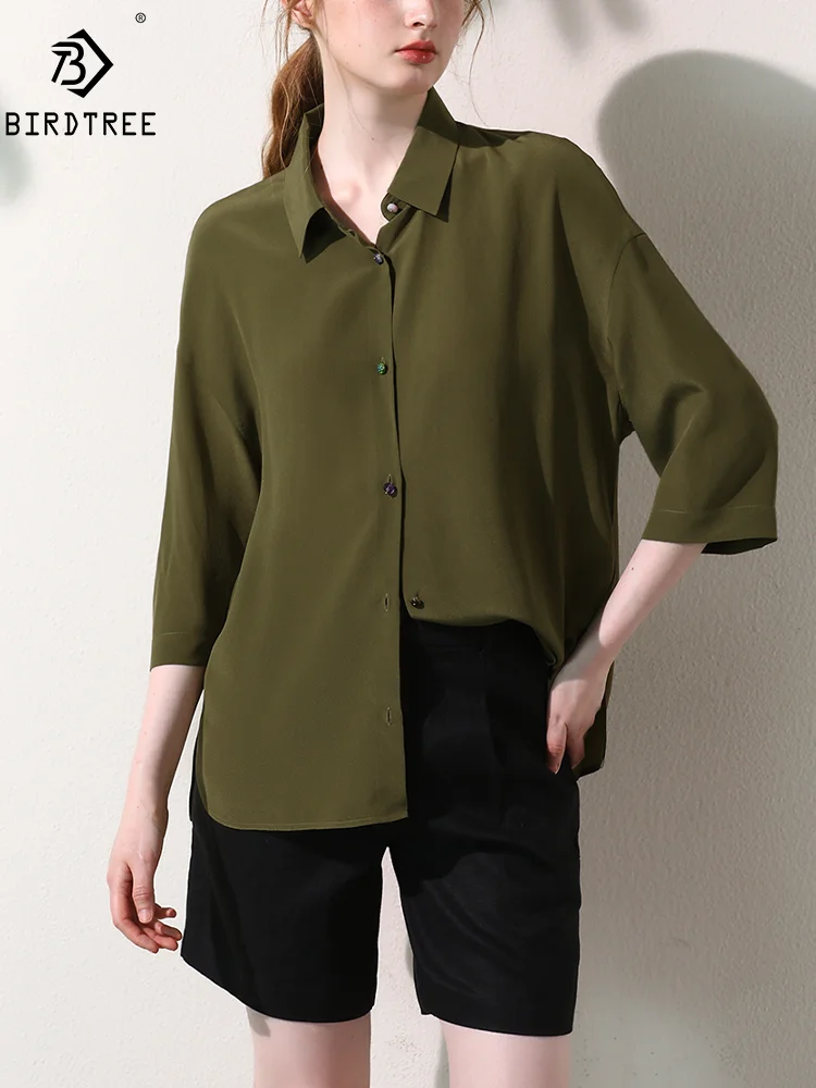 BirdTree, 16MM 97%Natural Silk Elegant Shirts, Woman 3/4 Sleeve Lapel Solid, Retro Casual OL Blouses, 2024 Summer Fall T46817QM