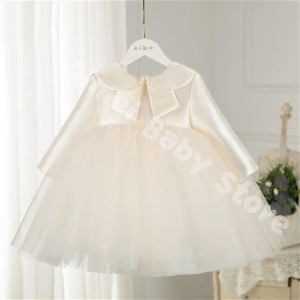 1st Birthday Baby Dress Bow Tulle Lace Princess Children Girls Dress For Party And Wedding Long Sleeve Baby Baptism Ball Gowns