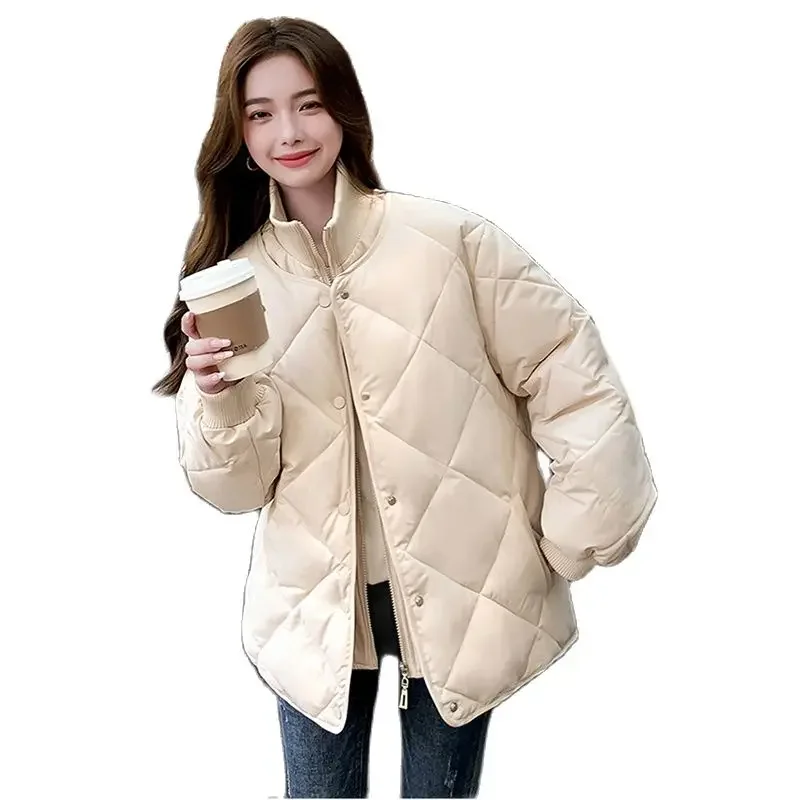 

High Collar Cotton Coats 2022 New Autumn Winter Jackets Thin Lightweight Women's Parka Rhombus Single Breasted Short Outwear Top