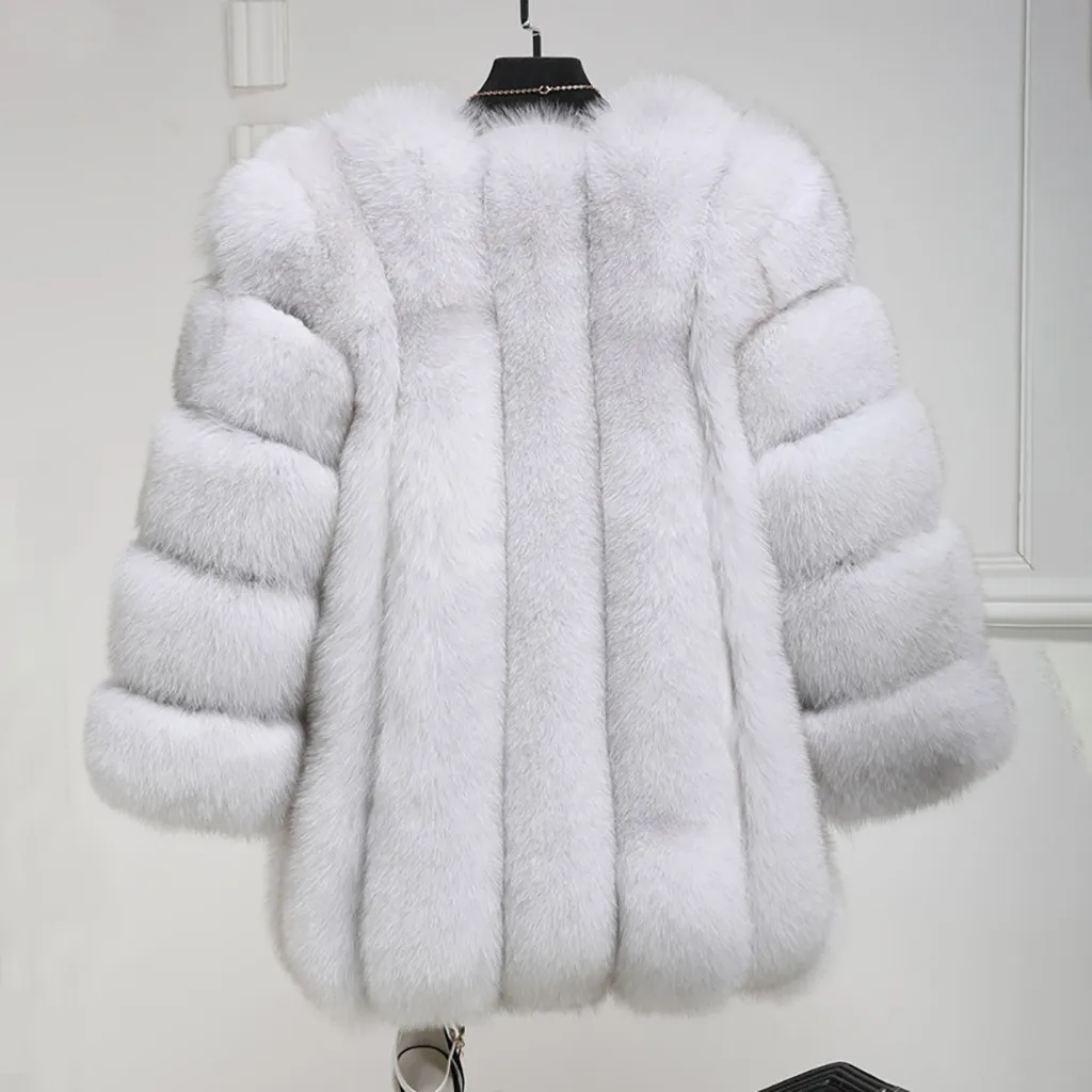 O Neck Stripe Faux Fox Fur Jacket Mid Long Women's Plush Coat Solid Casual Fluffy Cardigans Winter Streetwear Furry Jackets New