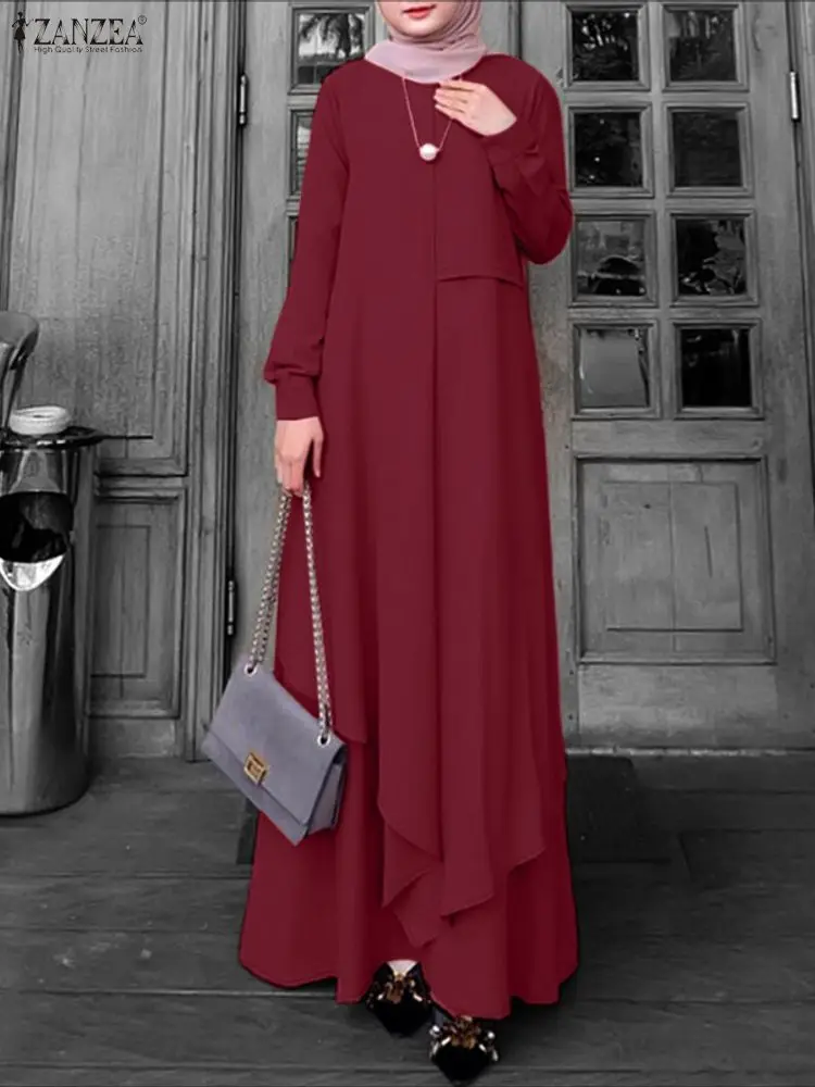 ZANZEA – Abaya musulmane élégante, Robe du Ramadan pour femmes, col rond, manches longues, Robe d'été irrégulière, vêtements islamiques solides, 2026