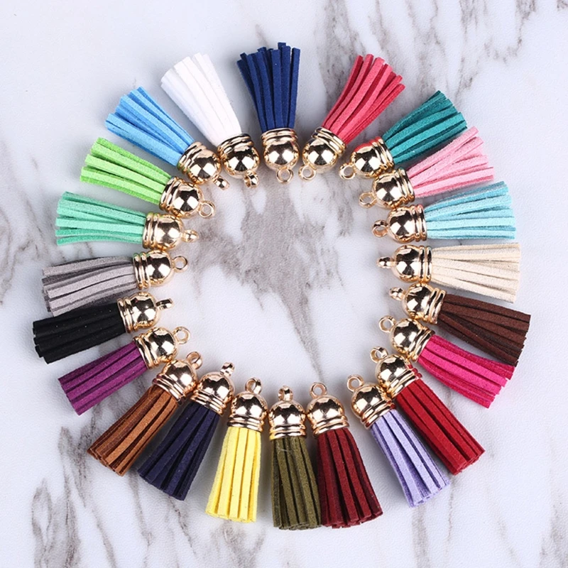 F42F 20 Pcs Multi Colors Faux Suede Leather Tassel Keychain Pendants 4cm Suede Tassels Charms Decorations with Gold CCB Cap