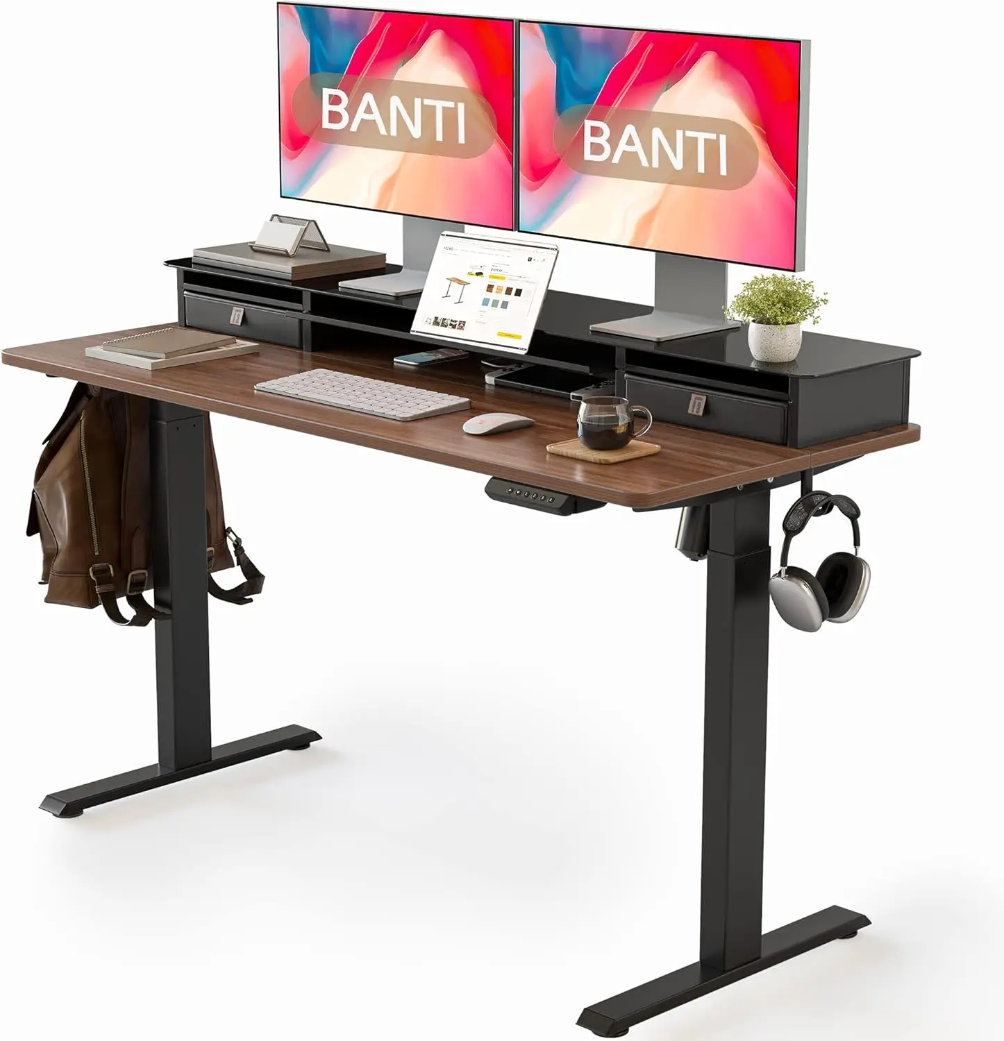 Electric Standing Desk with Glass Top Monitor Stand, Adjustable Sit Stand Up Table with Double Drawer, Sit Stand DeskwithStorage