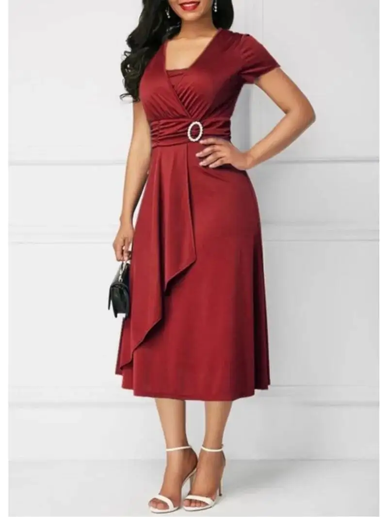 

Элегантные женские однотонные платья с коротким рукавом и v-образным вырезом, асимметричный подол на талии, облегающее вечернее платье миди, женские вечерние платья