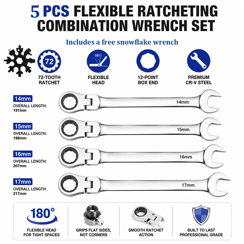 5-Piece Set: Ratchet Wrench & Adjustable Wrench (14–17mm) – Includes a Free Multifunctional Snowflake Wrench