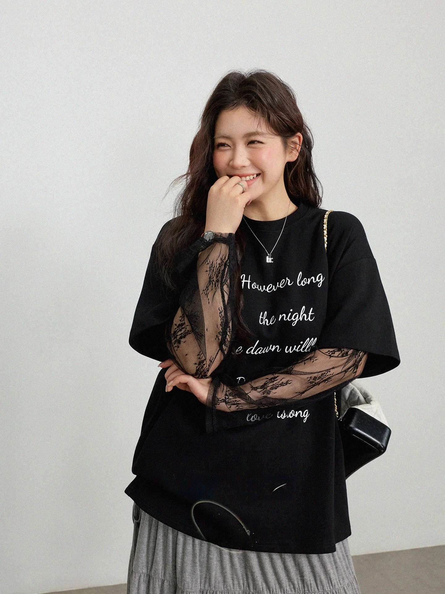 

plus Size Women's Black Long Sleeve Lace Splice T-Shirt Casual Style Spring New Arrival Slimming Top Large Clothes