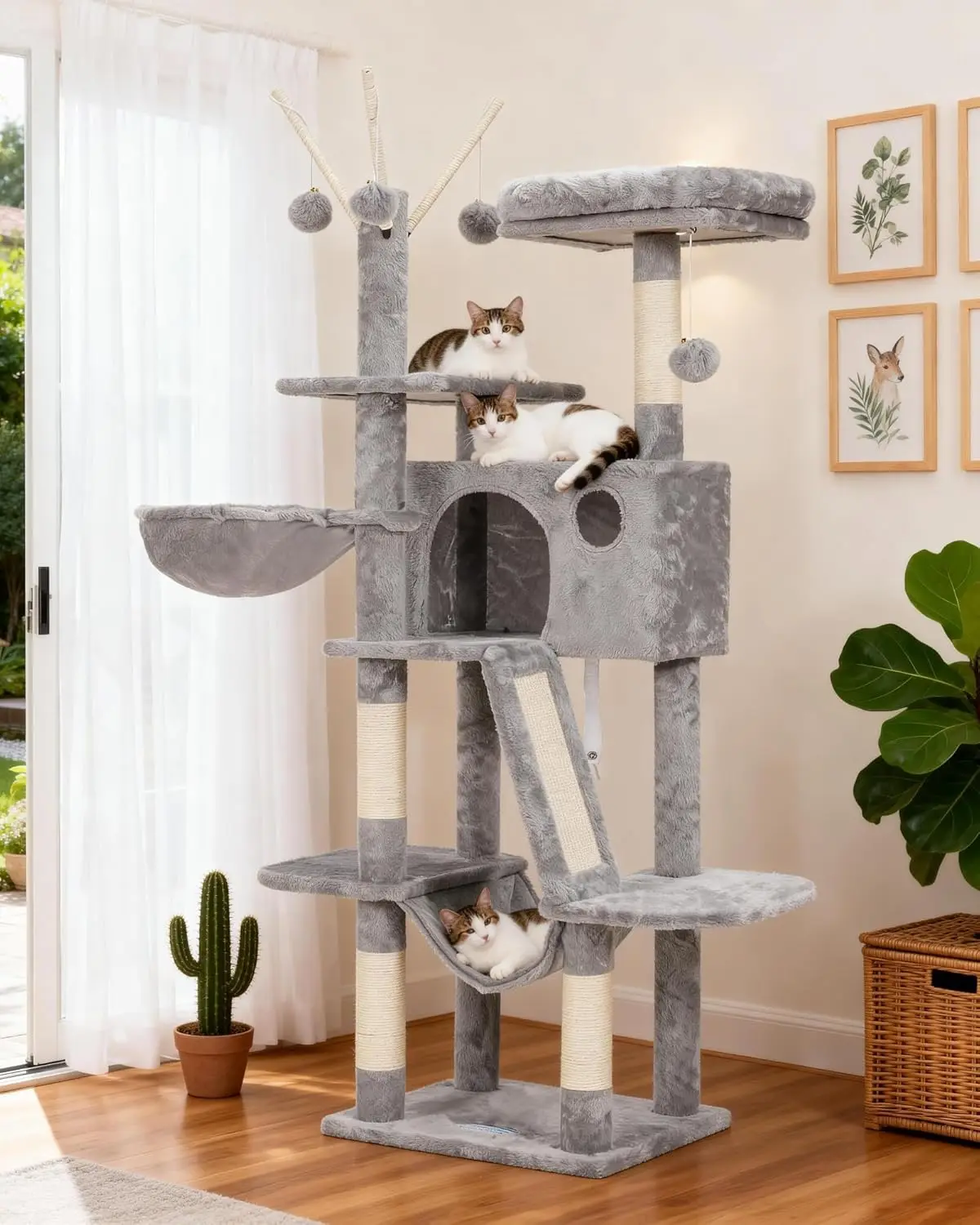 

53" Cat Tower for Indoor Cats, Multi-Level Cat Tree with Cozy Condo, Hammock, Scratching Posts, Light Gray