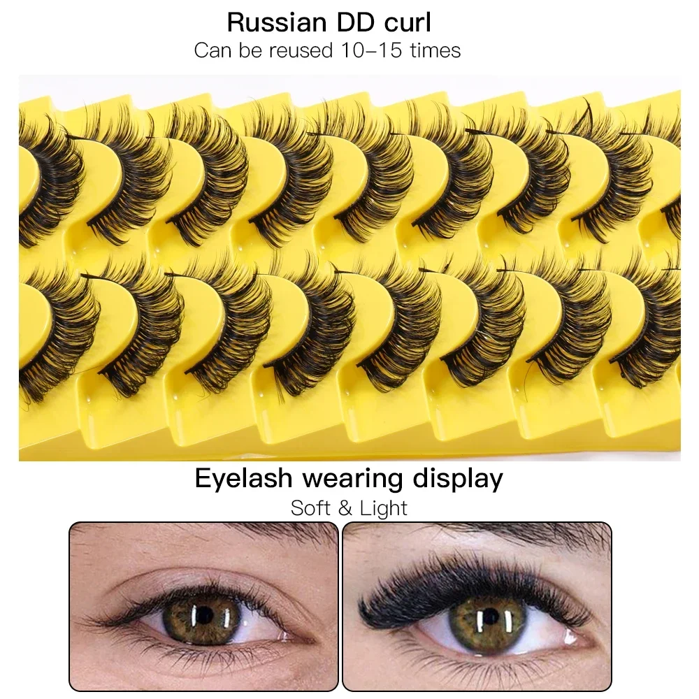 10 Pairs False Eyelashes Russian Strip Lashes D Curl Wispy Natural Look Fluffy Faux Mink Lashes Like Eyelash Extension