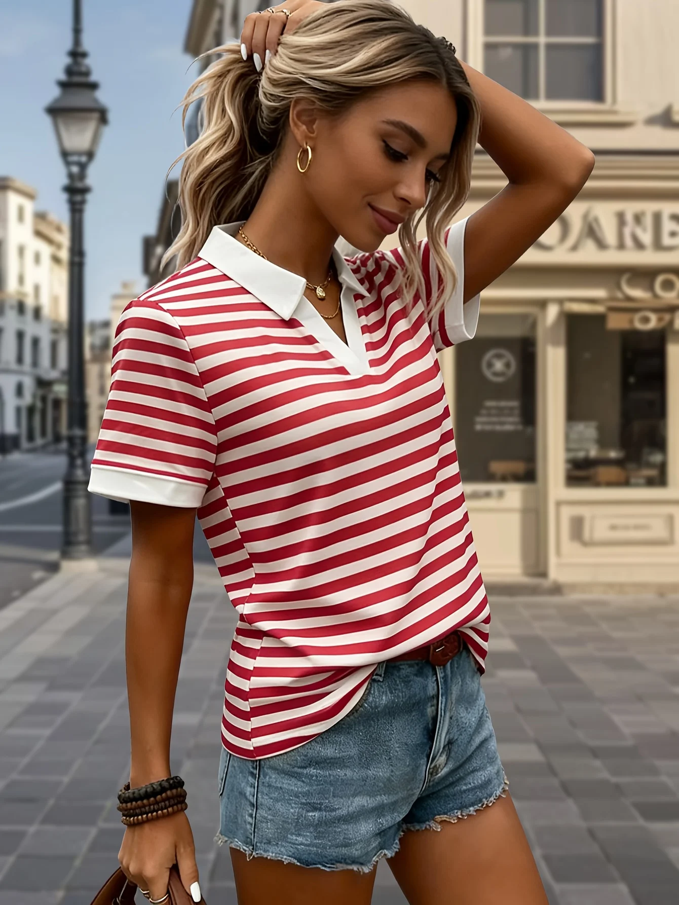 New Fashion Color Block Lapel Polo Tee Women Short Sleeve V Neck Loose T-shirt Elegant Daily Outfit Casual Office Shirts image 4