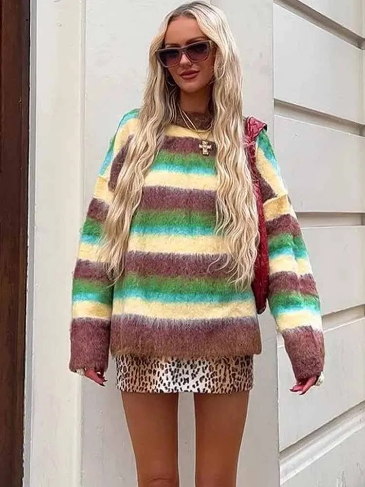 

MCDV повседневный красочный полосатый свитер женский осенне-зимний свободный теплый вязаный пуловер с круглым вырезом женский уличный винтажный джемпер топ 2025