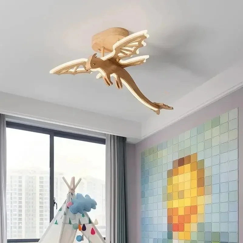 Solid Wood Dinosaur LED Ceiling Light Children's Room Bedroom Boy Creative Modern Cartoon Decorative Lamp Flying Dragon