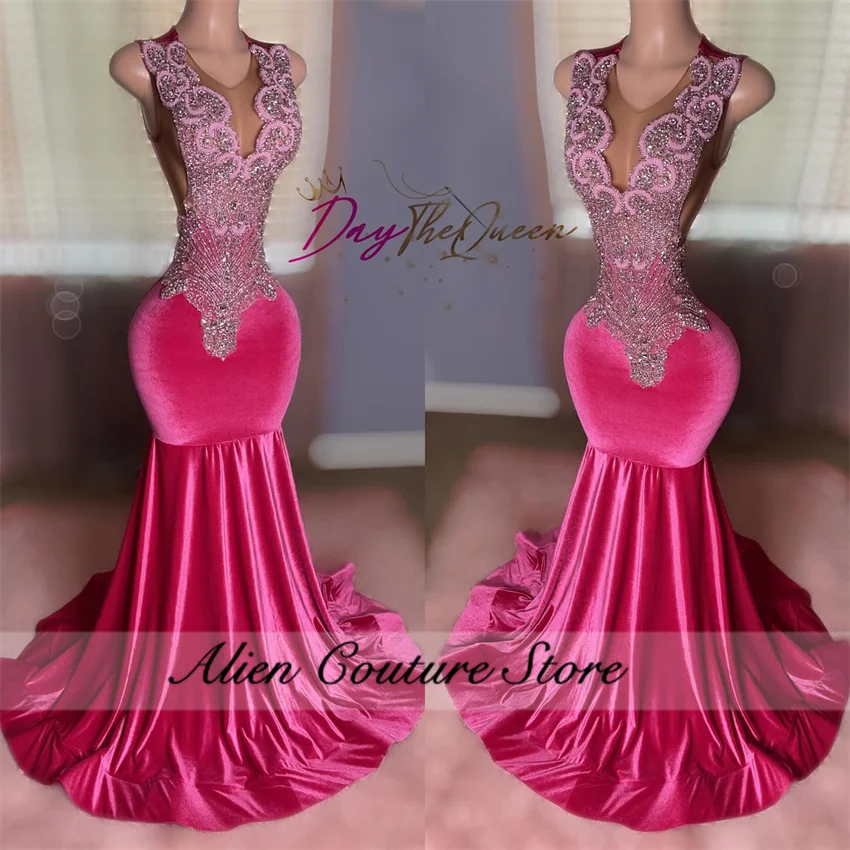 Luxury Fuchsia Velour Mermaid Prom Dress Beading Crystal Elegant Senior Party Birthday Dress 2024 Evening Gown Robe Customized 