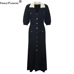 Vintage Turn-down Collar Lady Short Puff Sleeve A-line Long Wear Women Single-breasted Mermaid Maxi Dress