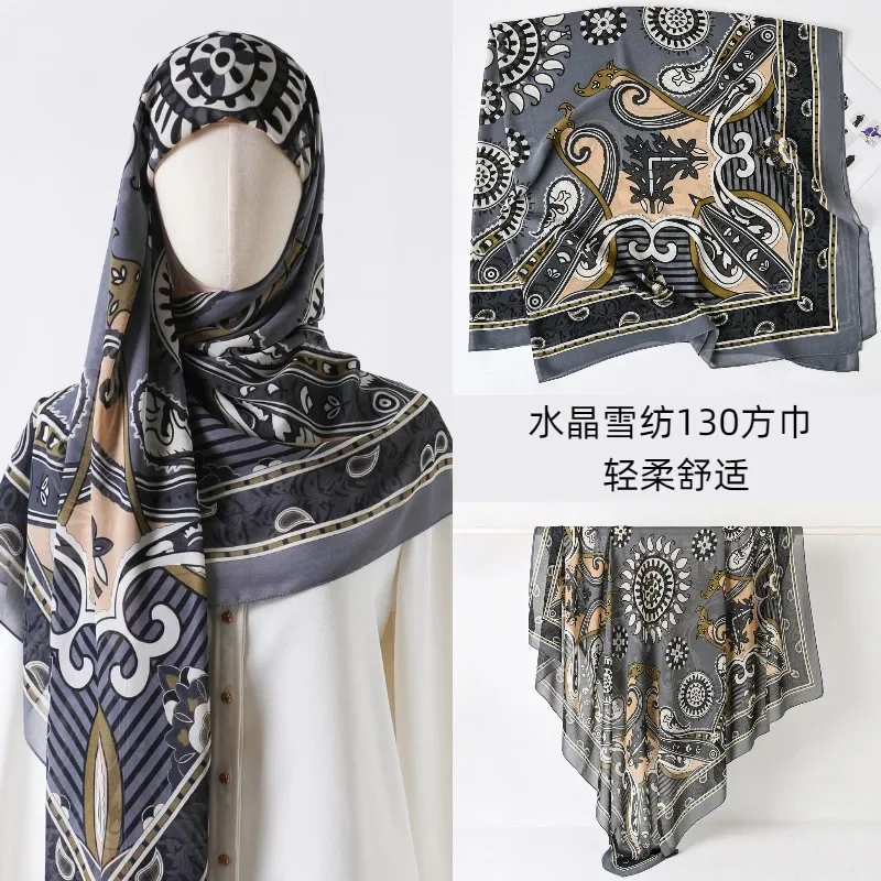 130 سنتيمتر كبير حريري الشيفون وشاح شال التفاف عقال ، الأزهار طباعة الأشعة فوق البنفسجية حماية خفيفة الوزن النساء التبعي