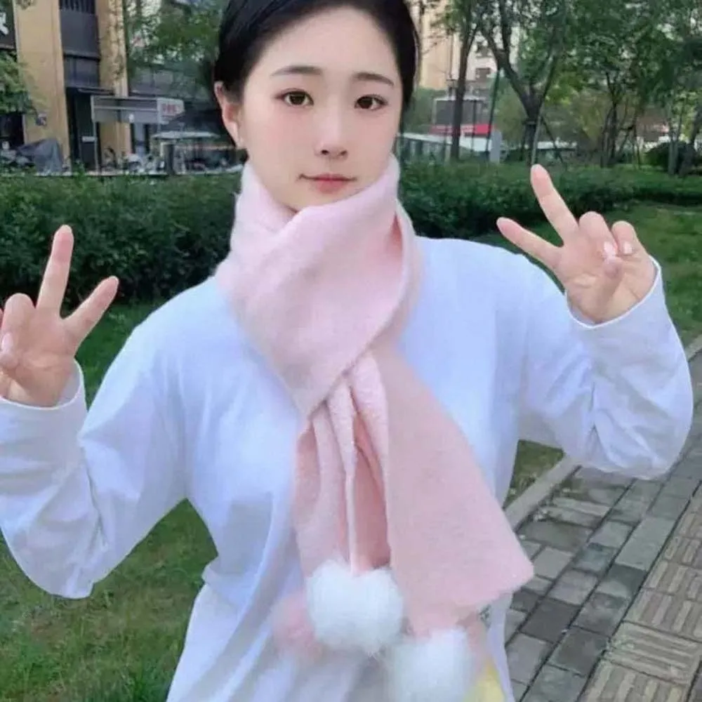 

Большой шерстяной шарф с помпоном, мягкий, длинный, утолщенный, с бантом, универсальный, теплый зимний шарф для женщин