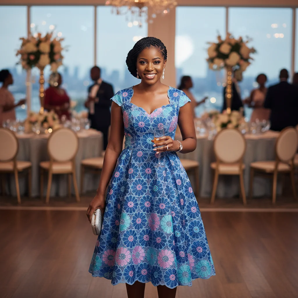 Eleganter afrikanischer Baumwoll-Spitzenstoff – Stickerei, 5 Yards, nigerianische Schweizer Voilespitze, Ausschnitt-Design, gewellter Saum für Brautkleid