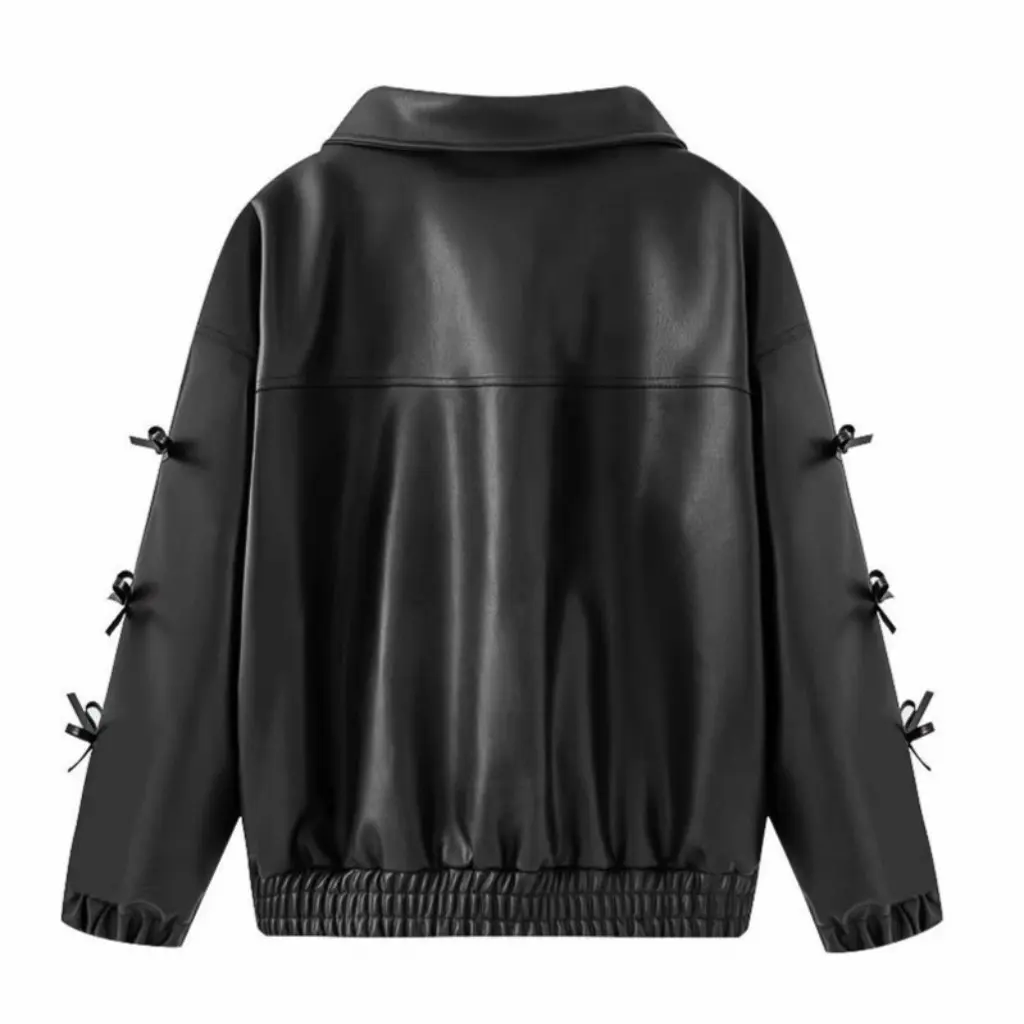 Primavera feminino arco detalhe jaqueta de couro na moda high-end estilo europeu e americano nicho outerwear