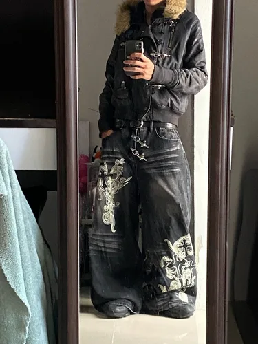 Imagen 1 del producto Pantalones Anchos de Mezclilla Negros con Estampado Extra Grande, Estilo Americano, Moda Nueva, Y2K, Harajuku, Hip Hop, Populares, Casuales, Joker