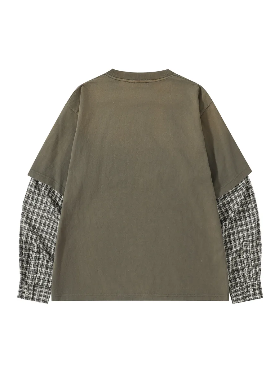AC fake two-piece splicing plaid shirt sleeves washed old green T-shirt 25FW