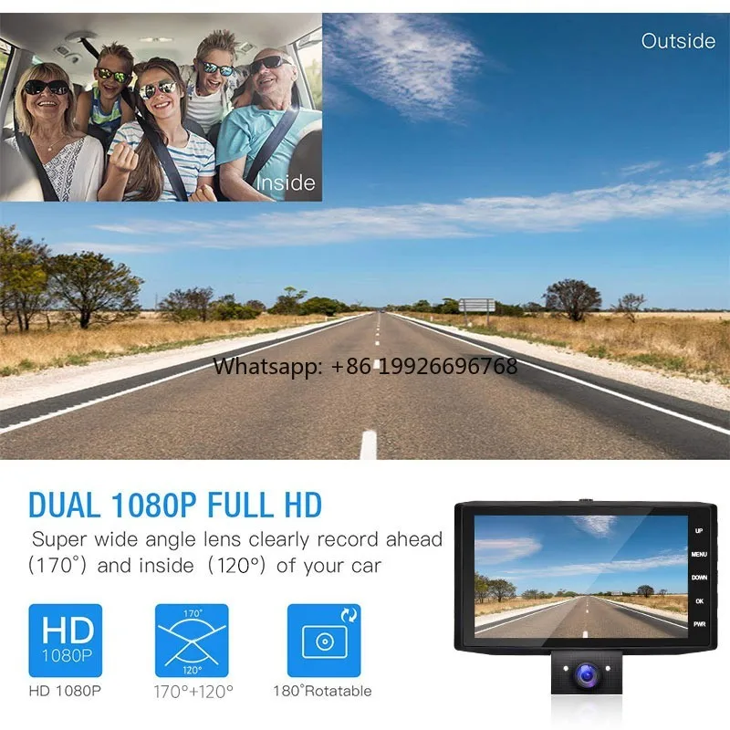 

4'' Car DVR 3 Lens 170 Wide Degree HD 1080P Dash Cam Dash camer Night Vision camer Car Front Back and Inside Video Recorder man