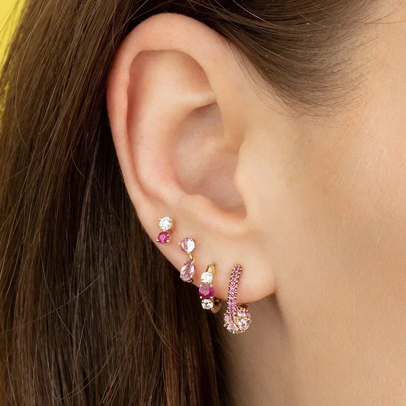 Luxurious geometry 925 sterling silver ear Needle pink series zircon pendant hoop earrings sweet fashion wedding jewelry gifts