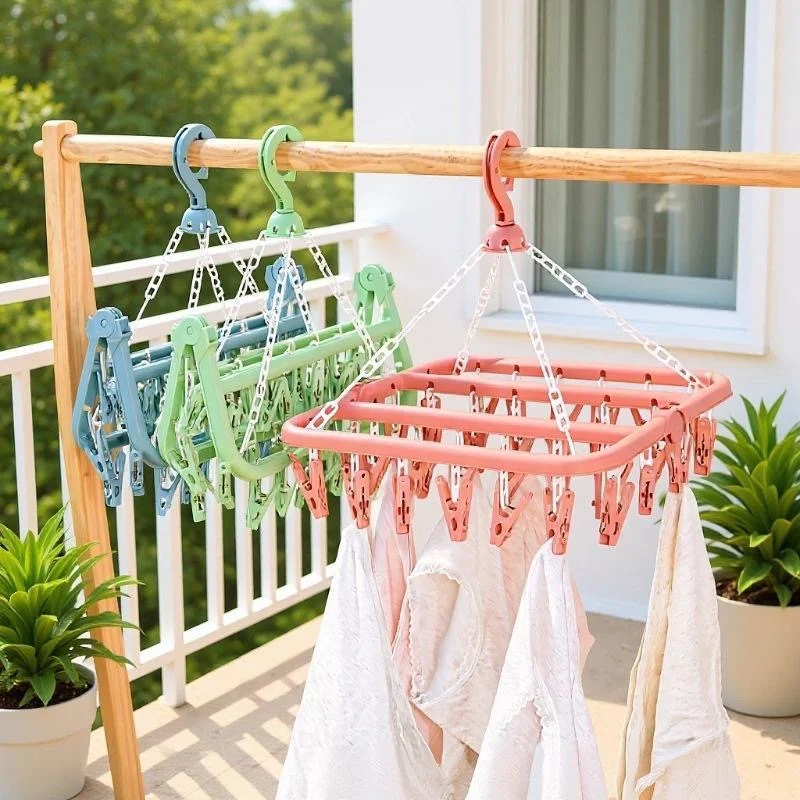 Multi 32 Clips Folding Clothes Dryer Hanger Clothes Socks Drying Rack Home Gadgets Clothes Peg Multifunctional with Plastic Clip