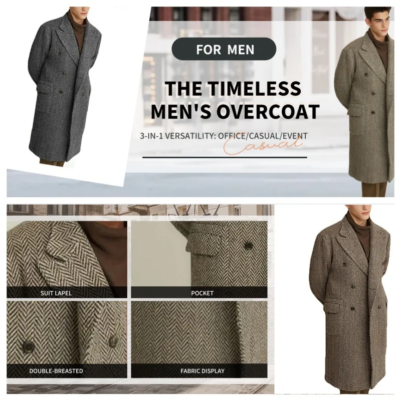 Wollmischung, Fischgrätenmuster-Tweed-Mantel, lange Jacke, Herren-Anzugjacke, dick, breites Revers, zweireihig, Hochzeitsbankett, Partykleidung