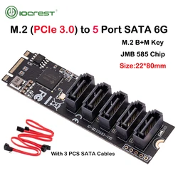 IOCREST M.2 (PCIe 3.0) to 5 Ports SATA III 6G SSD Adapter with SATAIII Cable support UEFI PCIe Gen3x2 Non-RAID Jmb 585 chip