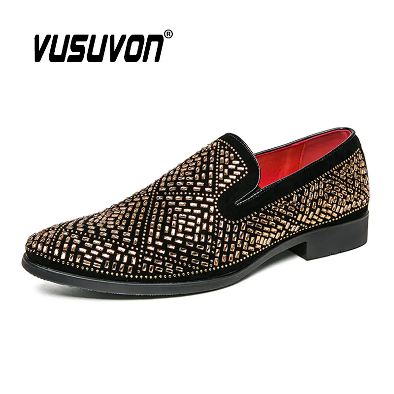 2023 New Men Dress Shoes Gold Bling Rivet Breathable Slip On Party Fashion Handmade Casual Black Spring Summer Loafers