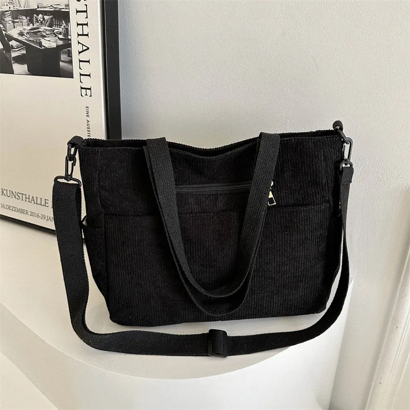 Bolso de hombro de pana japonés de gran capacidad, bolso de terciopelo a rayas, bolso de hombro de marca de lujo literaria para estudiantes, Otoño e Invierno