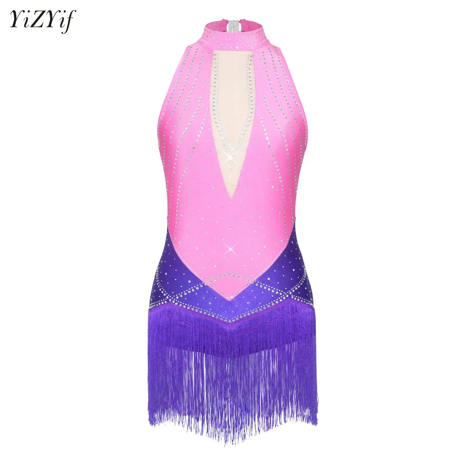 

Professional Womens Glittery Rhinestone Ballet Latin Dance Performance Costume Sequin Fringed Tassel Jumpsuit Leotard Dress