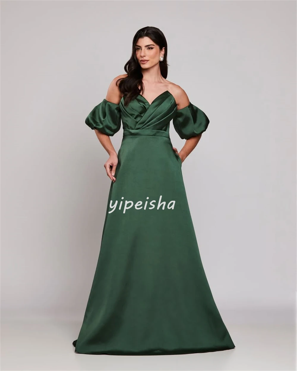 Customized Classic Fashion Charmeuse Ruched Pleat A-line Off-the-shoulder Long Dresses Bespoke Occasion Dresses Sizes Available