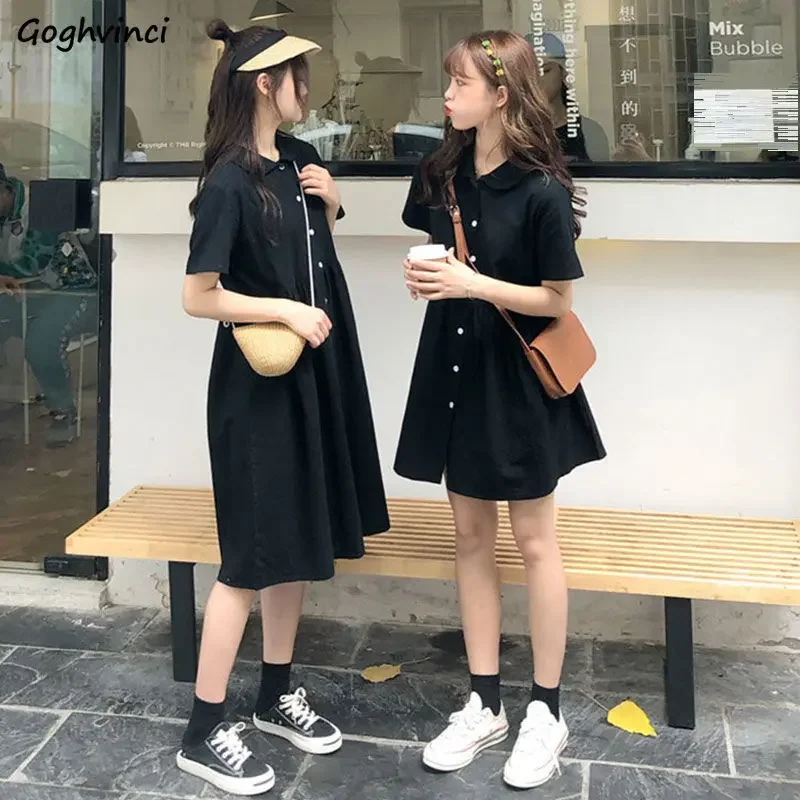 Short Sleeve Dress Peter Pan Collar Black Single-breasted A-line Loose Preppy-style Kawaii Sweet Girls Womens Fashion Elegant