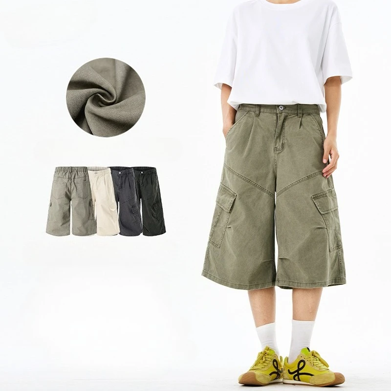 2026 Summer American Retro Multi-pocket Tooling Cropped Pants Men's and Women's Baggy Silhouette Straight Short Pants Cotton