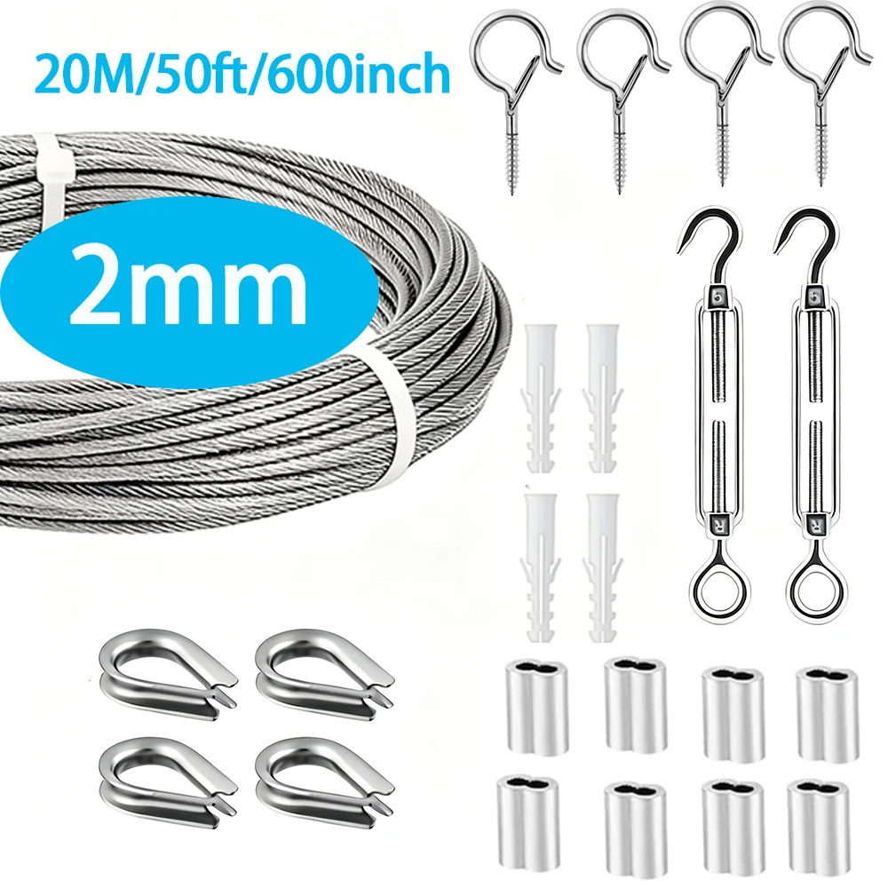 2mm 304 PVC Coated Steel Wire Rope Kit with Chicken Heart Ring Aluminum Sleeve for Outdoor Tent Rope Balcony Railing Farm Fence