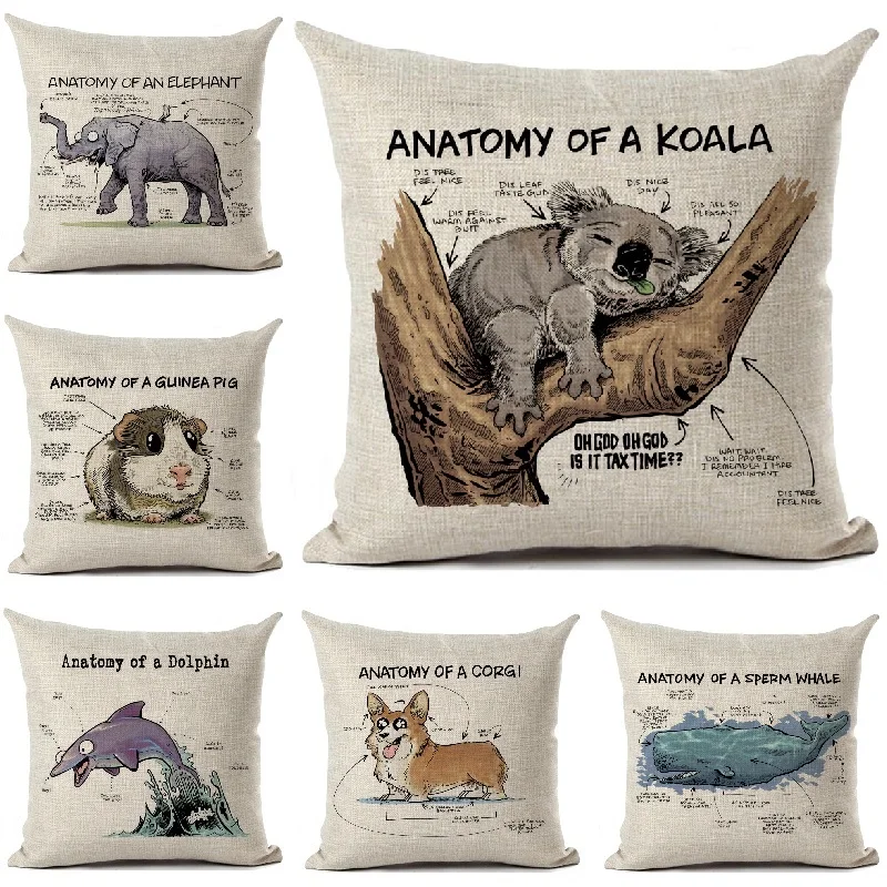 

Funny Anatomy Of Animals Printed Koala Capybara Cushion Cover Living Room Sofa Square Throw Pillows Home Decoration Pillowcase