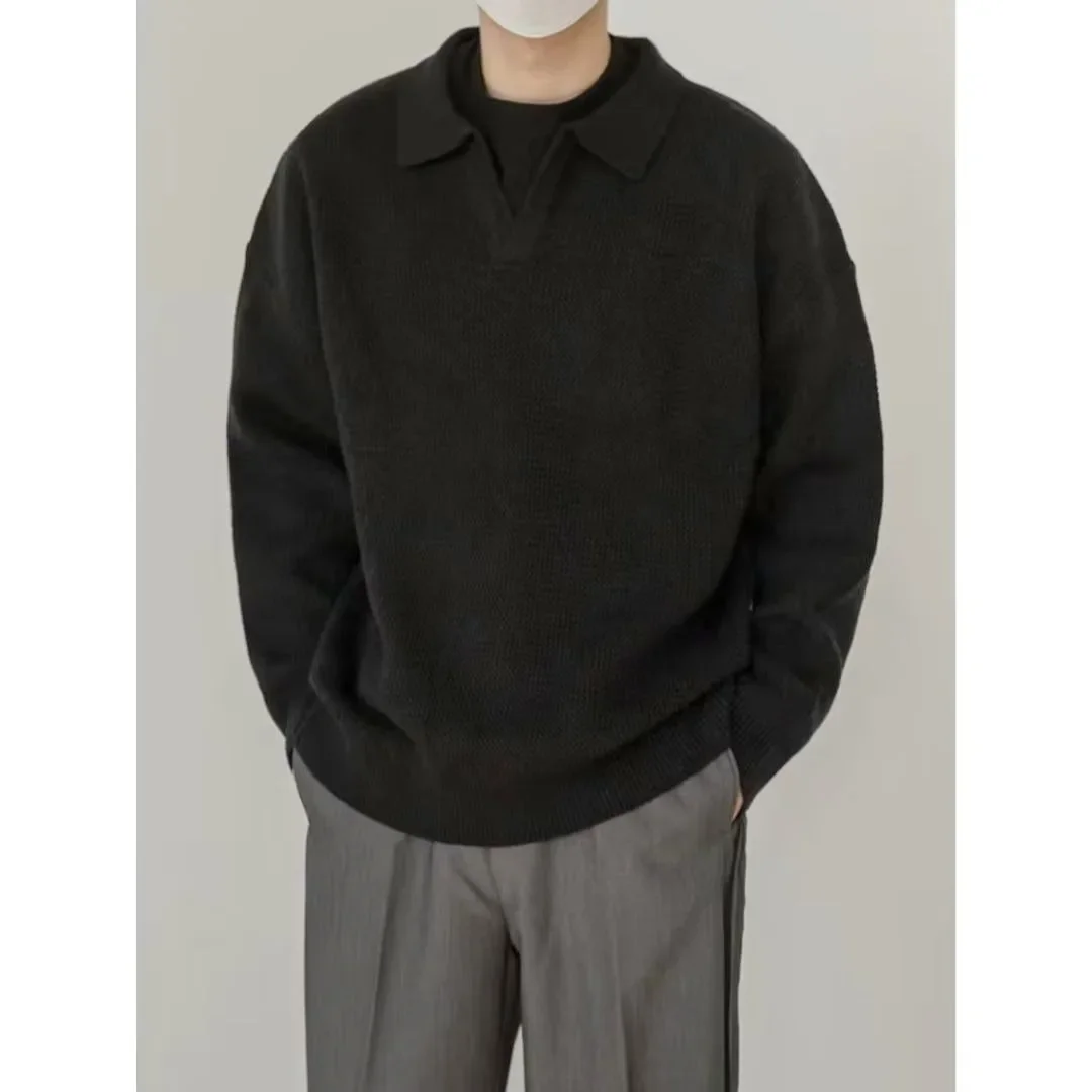 

Новинка 2025 года, зимний мужской вязаный свитер с воротником-поло, пуловеры с длинными рукавами, свободные джемперы, однотонные уличные свитера, легкая эластичность